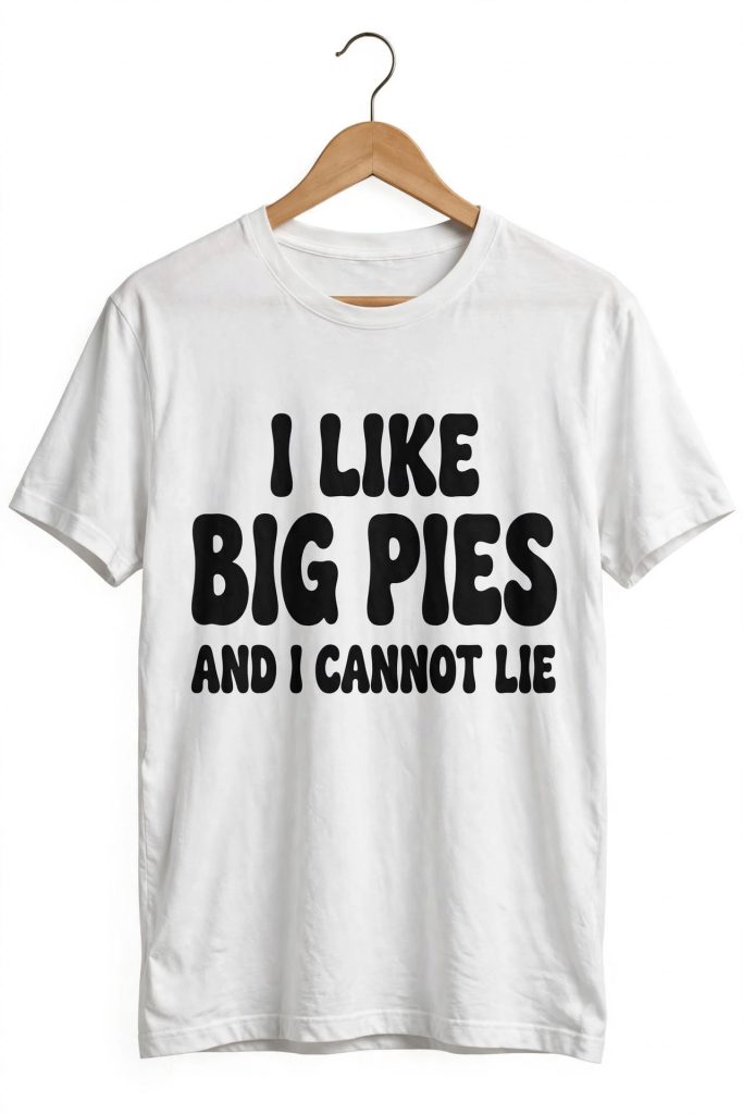White t-shirt with black vintage text saying I like big pies and I cannot lie